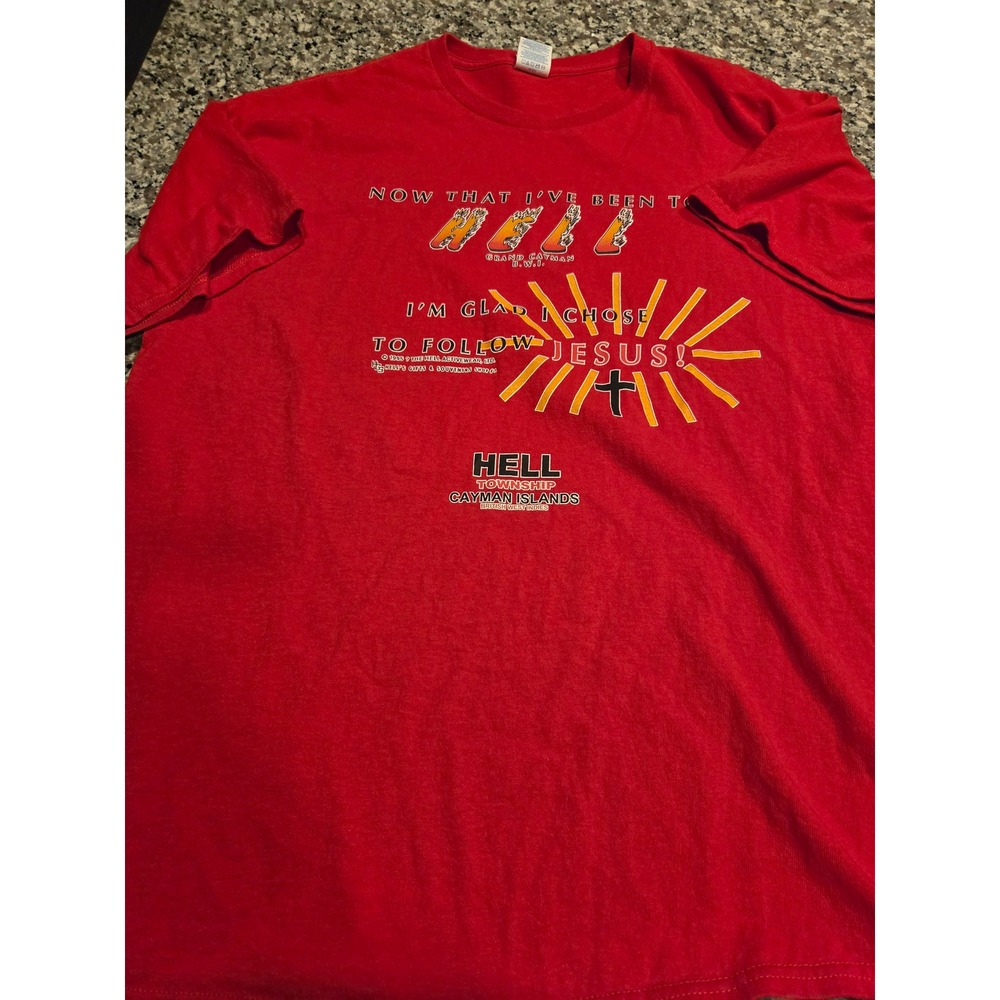Vintage 1995 Hell Cayman Islands Jesus T-Shirt Red Delta Pro Weight XL Mens